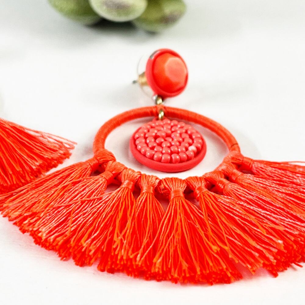 J. Crew Neon Orange Hoop Tassel Fringe Earrings - Picture 4 of 7